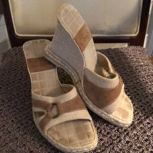 Tan & cream wedge sandal.  Made in Brazil.